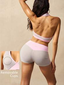 VARSIVA Women's Colorblock Cropped Halter Neck Tank Top And Shorts Sports Set - Multicolor - View 2