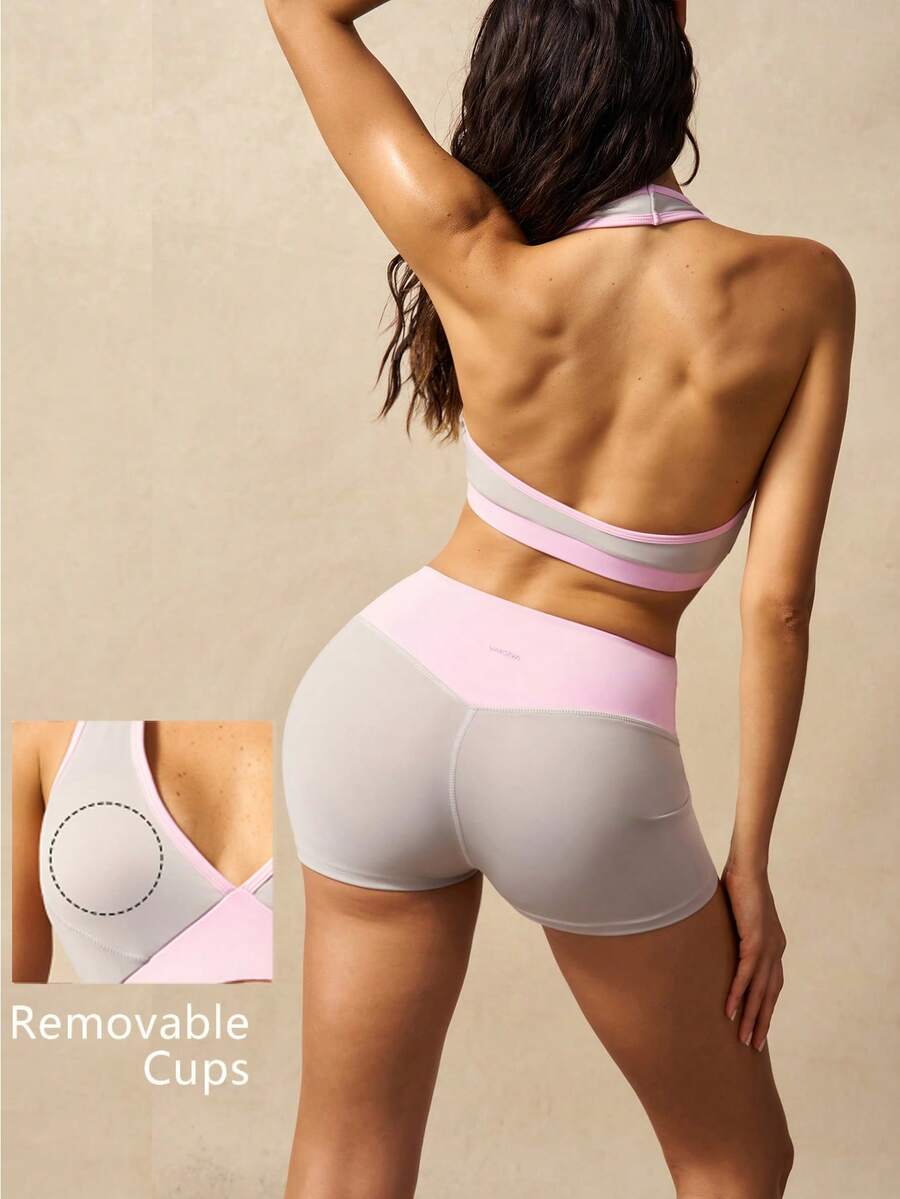 VARSIVA Women's Colorblock Cropped Halter Neck Tank Top And Shorts Sports Set