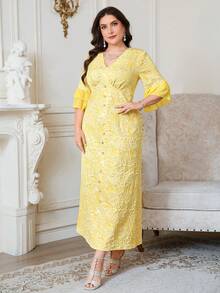 Reflora Vestido elegante de mujer talla grande con cuello en V, diseño de botones y puños con volantes en jacquard - Amarillo - Ver 4