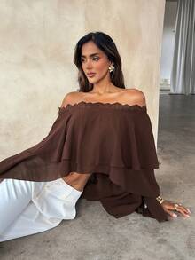 Aloruh Brown Romantic Elegant Date Vacation Vacation Sexy Outing Off-Shoulder Chiffon Lace Patchwork Multi-Layer Ruffle Asymmetrical Women's Blouse Autumn - Brown - View 7