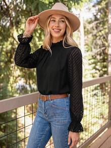 Coeurva Frilled Neck Flounce Sleeve Blouse,Long Sleeve Tops Winter Elegant Black Black Spring - Black - View 7