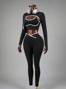 Mistrie 3pcs Women Seamless Ribbed Sports Set, Long Sleeve Shawl Collar Top, Contrast Color Tank, High Waist Tight Leggings Athletic Active Gym Three Pieces Set Workout Legging Tights Three Pieces Set Women Gym Set - Black - View 4