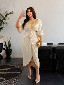 Firerie Plus Size Fashion Sequin Tassel Decor Twisted Knot Dress Elegant Wedding Guest Dress For Women Elegant Going Out Dress For Women Elegant Party Dress - Apricot - View 2