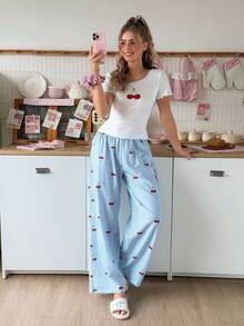 SweetSlumber Set Piyama Wanita INS Motif Garis-Garis Ceri yang Manis dan Menggemaskan dengan Trim Blok Warna, Nuansa Seru Gaya Y2K - MultiWarna - View 3