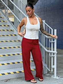 SAYEHFBABY Women's Summer Textured Straight Leg Pants - Red - View 4