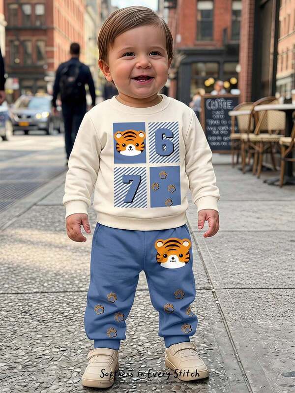 Baby Boy Casual Minimalist Loose Round Neck Soft Knit Pullover Set, Suitable For Autumn/Winter, Classic Cute Little Tiger Graphic Print, 6&7, Six, Seven Graphic Print