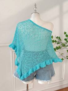 SHEIN EZwear 夏季外出約會披風，咖啡棕色，荷葉邊飾，半透，休閒，鉤編，女款大尺碼 - 水鴨藍 - 查看 2