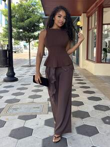 Alexandranx Women's Elegant Sleeveless Blouse For Commuting, Minimalist Design Brown Top Women Summer - Coffee Brown - View 2