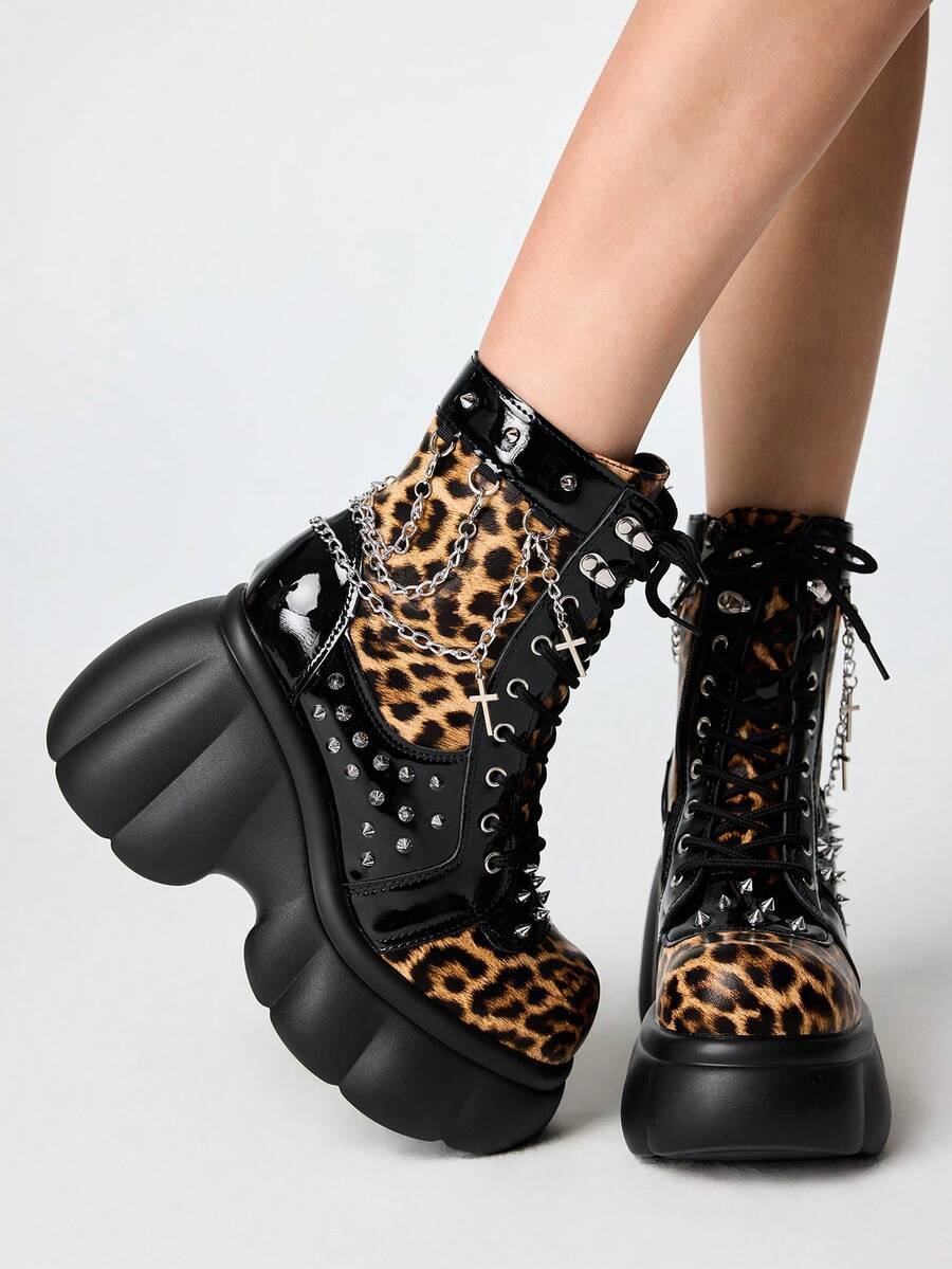 ROMWE Grunge Punk Women's Leopard Print Round Toe With Platform Design Gothpunk Style Ankle Boots With Thick Soles And Rivet Chain Decoration With Cross Buckles - leopard print - View 1