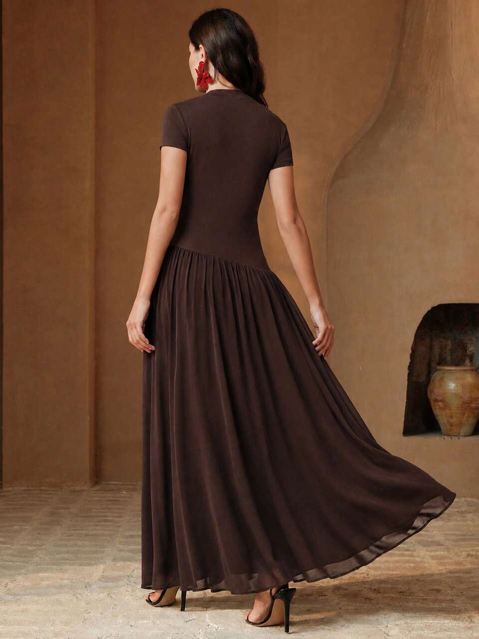 Anewsta Women's New Elegant Elegant Waist-Cinching Slimming Half-High Neck Knitted Patchwork Cap Sleeve Long Dress