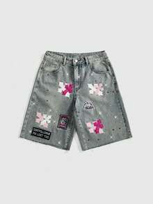 ROMWE Grunge Punk Celana Pendek Denim Wanita Gaya Vintage Punk dengan Bordir Salib dan Rhinestone, Lebar 7 Inci - Biru - View 5