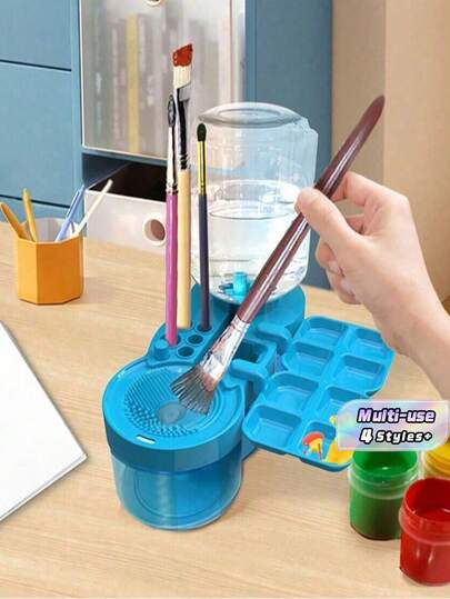 1pc 6-In-1 Upgraded Brush Cleaner With Palette, Water Circulation Brush Cleaning Tool With Drainage And Brush Holder, Suitable For Acrylic, Watercolor, Water-Based Paints Art Supplies
