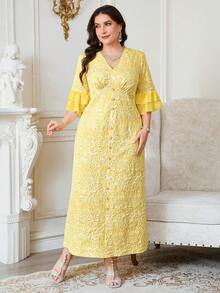 Reflora Vestido elegante de mujer talla grande con cuello en V, diseño de botones y puños con volantes en jacquard - Amarillo - Ver 6