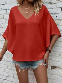EMERY ROSE Solid Color V-Neck Loose Casual Holiday Short Sleeve Shirt Vacation Rust Summer - Red - View 5