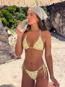 Swim Mod Spring/Summer Floral Print Halter Backless 3-Piece Swimwear Set, Including Triangle Bikini Bottoms And Lace Skirt Beach Yellow Boho - Multicolor - View 3