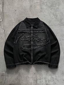 AXEPEAK 男士黑色拉鍊貼花刺繡上衣 - 黑色 - 查看 1