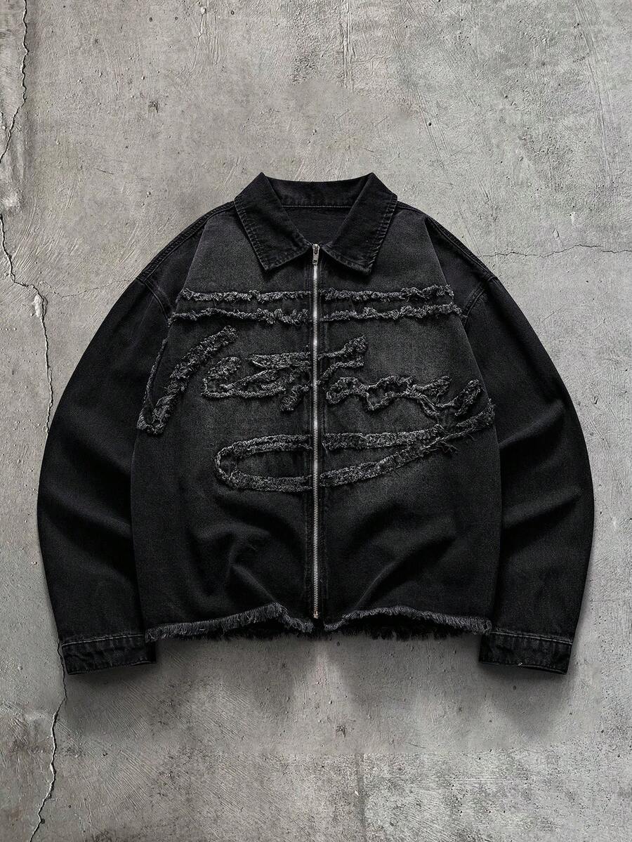 AXEPEAK 男士黑色拉鍊貼花刺繡上衣 - 黑色 - 查看 1