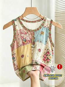 Franclia Women's Patchwork Pattern Sleeveless Round Neck Button Casual Fashion Tank Top - Multicolor - View 1