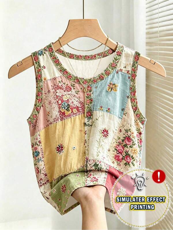 Vaclyn Women's Patchwork Pattern Sleeveless Round Neck Button Casual Fashion Tank Top