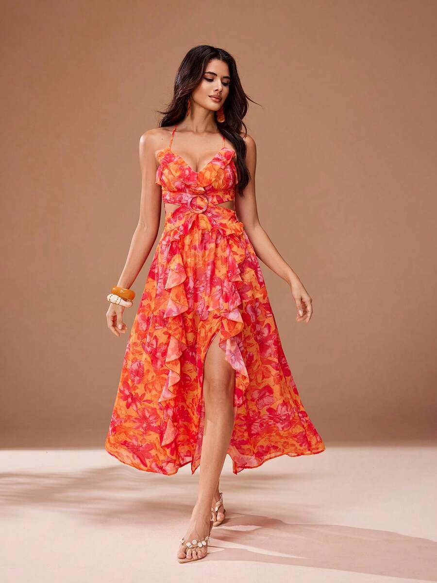 Glamance Floral Print Deep V-Neck Ruffle Hem High Slit Hollow Out Long Dress, Elegant Mature Casual Daily Party Wedding Guest Bridesmaid Birthday Vacation - Burnt Orange - View 1