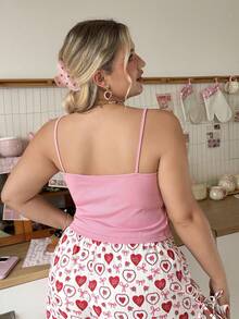 Slumberry CURVE Atasan Baju Tidur Ukuran Besar Model Camisole dengan Motif Renda yang Manis & Imut dan Pas Badan - Berwarna merah muda - View 2