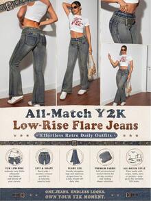 SHEIN Tall Vintage Distressed Low Waist Flare Leg Jeans, Tall Women - Blue - View 12