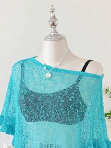 SHEIN EZwear 夏季外出約會披風，咖啡棕色，荷葉邊飾，半透，休閒，鉤編，女款大尺碼 - 水鴨藍 - 查看 5