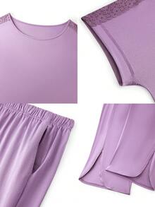 LUVLETTE Conjunto de pijama de verano de Halloween para mujer talla grande, 100% algodón puro suave, rosa, conjunto de ropa de estar en casa para mujer, lencería nupcial, conjunto de pijama a juego - Morado - Ver 4