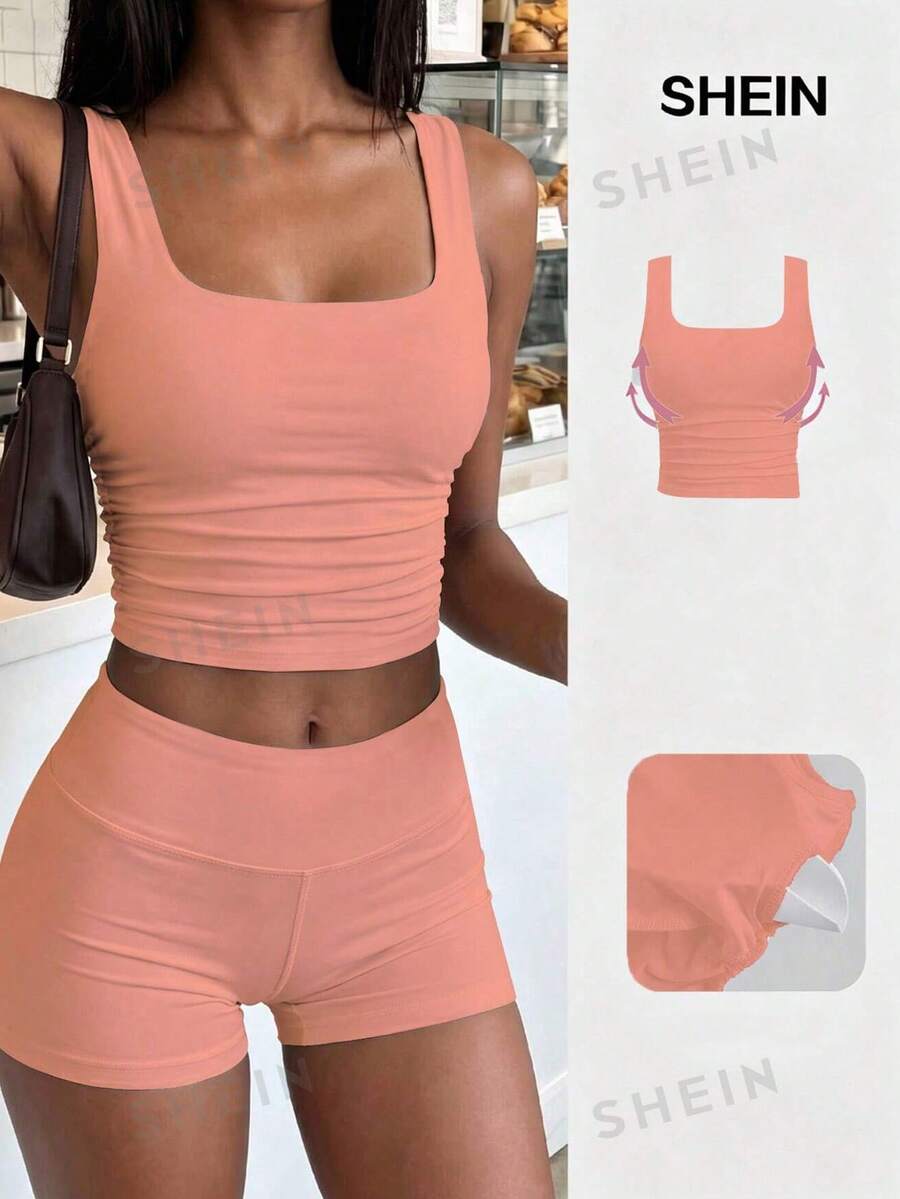 FavEase Camiseta de tirantes ajustada de color liso, casual de verano - Rosa Pálido - Ver 1