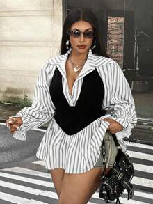 Mawevolt Korean Style Striped Polo Collar Shirt, Slim Fit Flattering Commuter Versatile Plus Size Women's Top Fall - Black and White - View 1