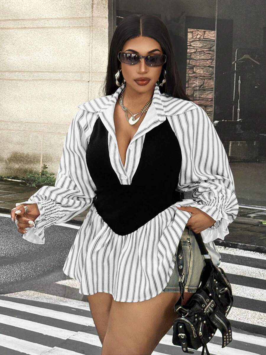 Mawevolt Korean Style Striped Polo Collar Shirt, Slim Fit Flattering Commuter Versatile Plus Size Women's Top Fall - Black and White - View 1