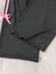 SHEIN 女童大童休閒度假舒適簡約學院風可愛蝴蝶結對比色織帶兩件套 - 黑色 - 查看 3
