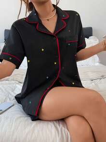 DAZY 夏季休閒對比滾邊愛心圖案滿版印花寬鬆女款睡衣套裝 - 黑色 - 查看 5