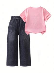 女童 T-Shirt 套裝，粉色短袖圓領 T-Shirt，附可愛卡通動漫印花與口袋，直筒長褲，2 件套服裝，夏季兒童時尚服飾，夏日活力氛圍，適合外出與上學，返校穿搭 - 粉色 - 查看 2