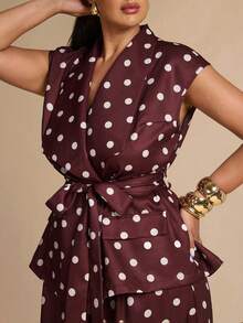 SHEIN BAE CURVE Plus Size Women's Business Polka Dot Tie-Up Jacket And Loose Long Pants Suit Set - Multicolor - View 10