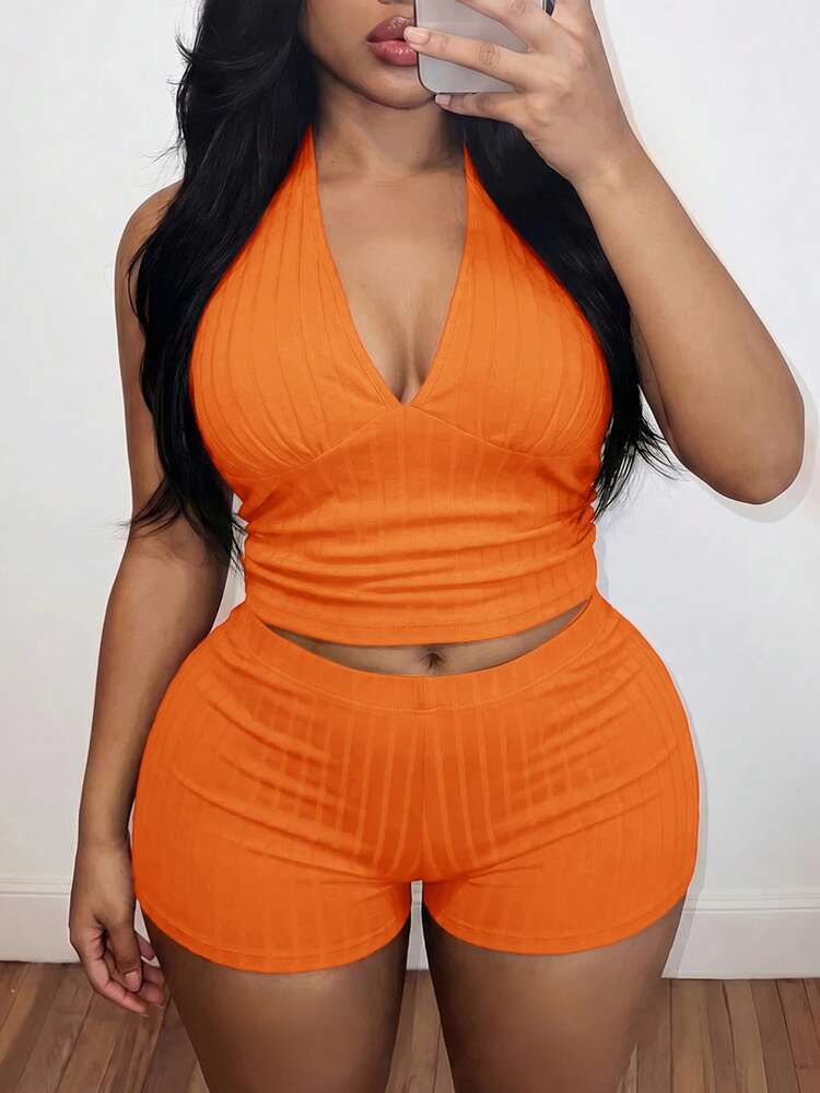 Slaydiva New Spring/Summer Women's Plus Size Two Pieces Set: Casual Sexy, Basic, Slim-Fitting Burnt Orange V-Neck Backless Vacation - Orange - View 5