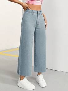 SHEIN PETITE Women's Spring/Summer Cropped Wide-Leg Jeans ,Petite Women - Dusty Blue - View 5