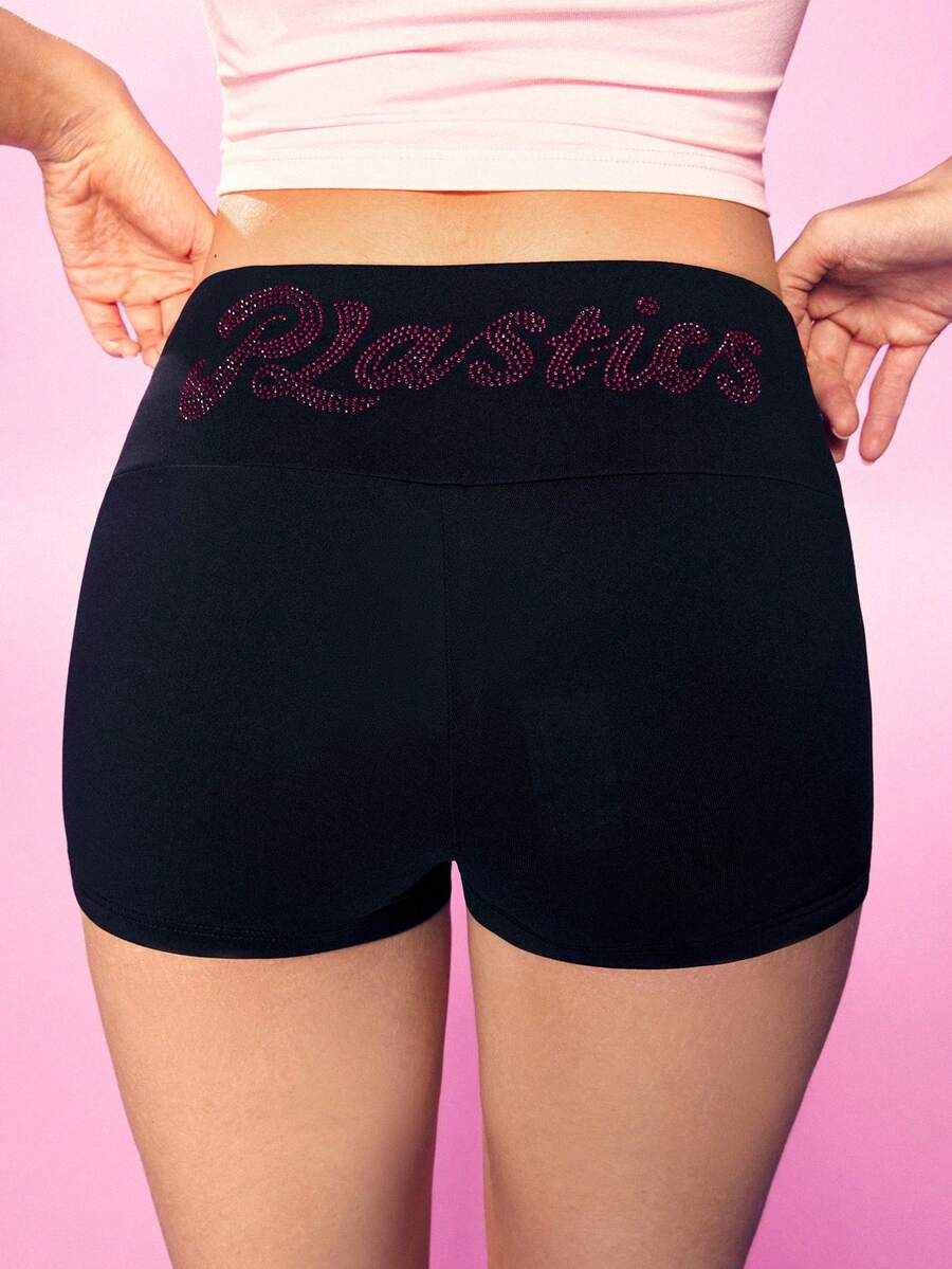 Mean Girls | SHEIN Women's Rhinestone Letter Waistband Base Shorts - Black - View 1