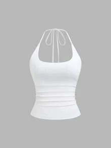 Sweetra Women's Spring/Summer Slimming Sexy Y2K Halter Neck Elegant Backless White Beige Chocolate Brown 3 Pieces Set Top Vacation - Multicolor - View 3