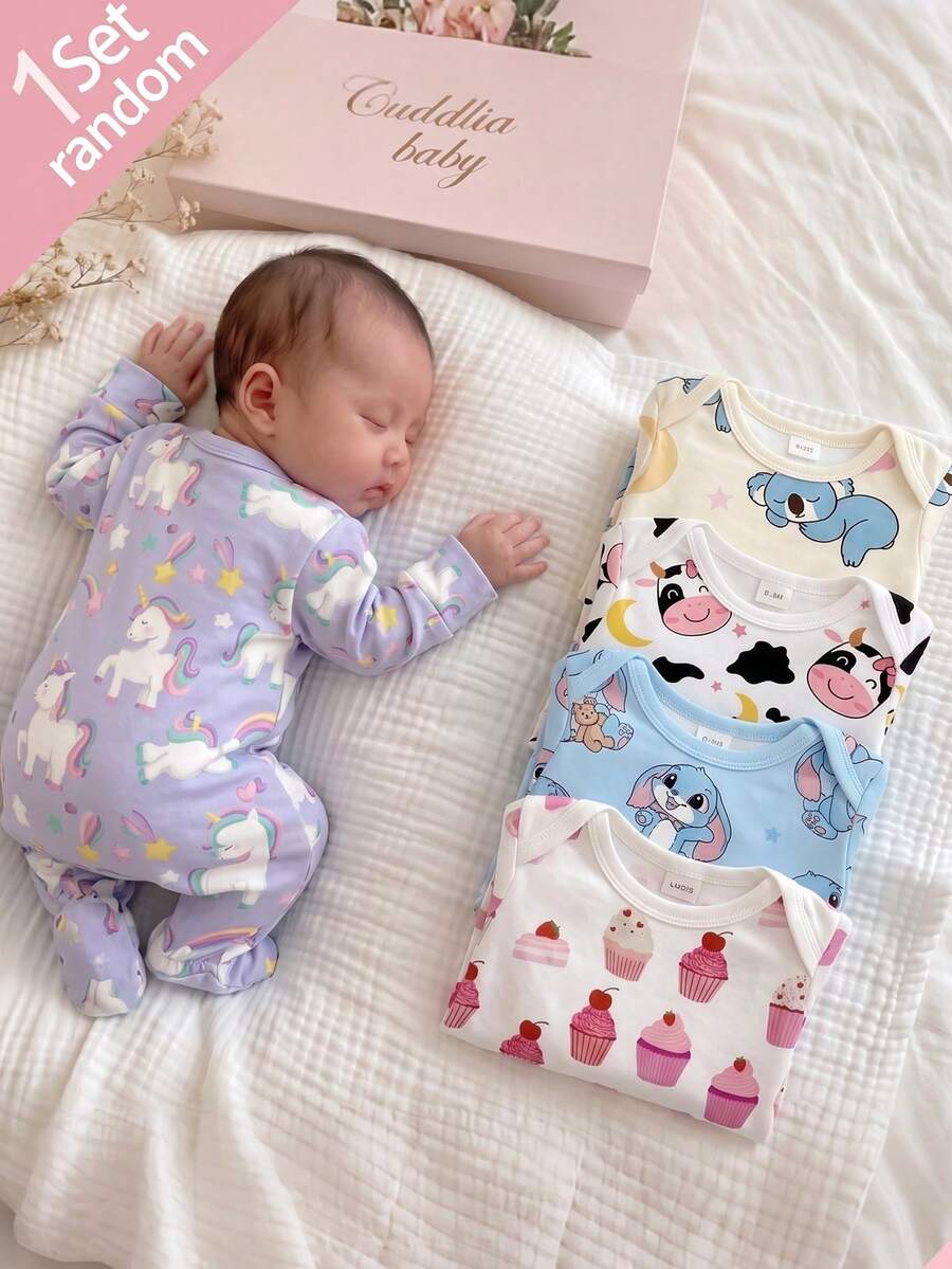 SHEIN 【1件隨機發送】混版印花新生兒睡衣,可愛考拉、獨角獸、杯子蛋糕卡通印花長袖連身衣,柔軟面料,舒適親膚,適合男嬰女嬰休閒日常穿著 - 彩色 - 查看 1