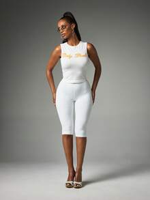 BABYPHAT Script Logo Capri Leggings High Rise Fitted Cropped Leg Casual Everyday Style - White - View 2