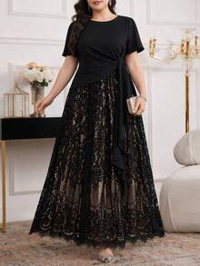 Levarali Gaun Elegan Lengan Pendek dengan Detail Renda Kontras untuk Wanita Ukuran Plus, Warna Hitam untuk Pernikahan, Makan Malam, dan Acara Formal Musim Panas. - MultiWarna - View 3