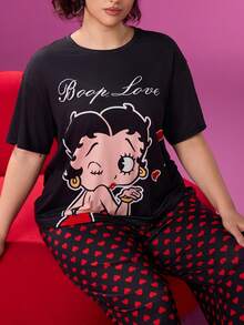 Betty Boop x SHEIN 大码卡通图案短袖上衣和心形印花裤睡衣套装 - 黑色 - 查看 3