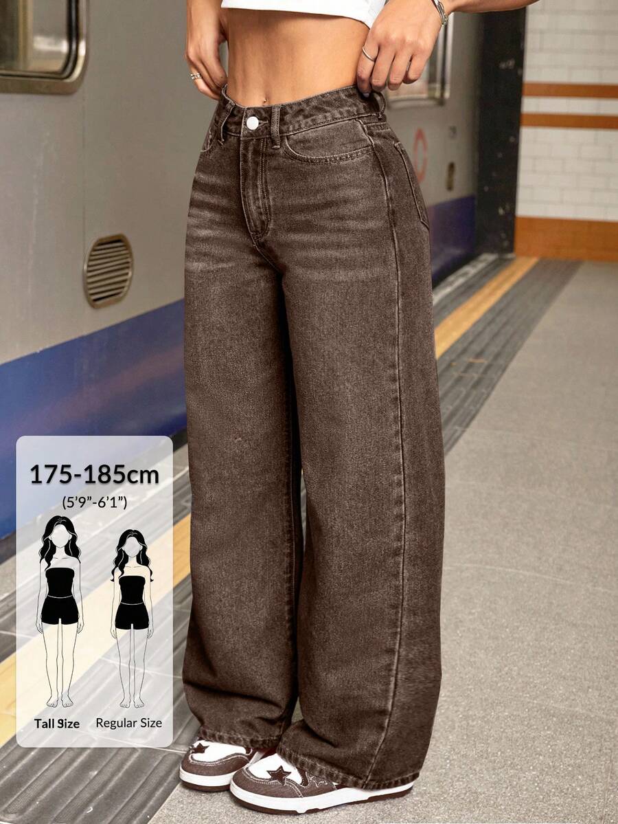 SHEIN Tall 女款休閒復古水洗寬腿牛仔褲,適合高個女性 - 咖啡棕 - 查看 1