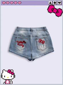 HELLO KITTY AND FRIENDS | ROMWE Kolaborasi IP HELLOKITTYANDFRIENDS0 Pola Bordir Serbaguna Ukuran Plus Slim Fit Celana Pendek Biru Muda Liburan Rave Musim Panas Kasual 90-an - Biru - View 1