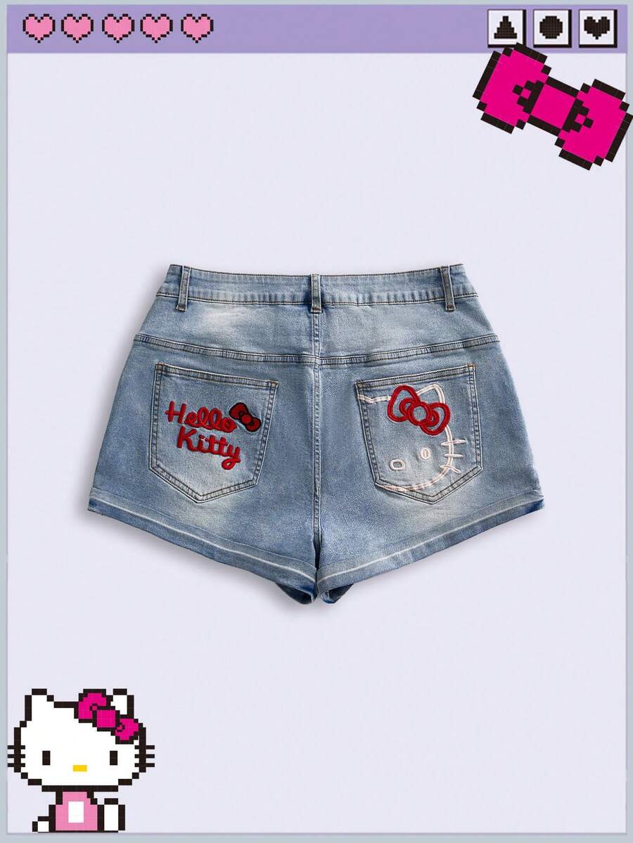 HELLO KITTY AND FRIENDS | ROMWE Kolaborasi IP HELLOKITTYANDFRIENDS0 Pola Bordir Serbaguna Ukuran Plus Slim Fit Celana Pendek Biru Muda Liburan Rave Musim Panas Kasual 90-an - Biru - View 1