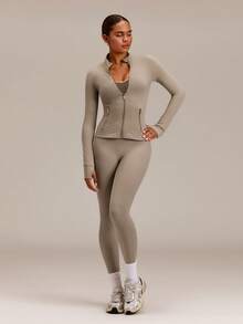 GLOWMODE FeatherFit™ Slim-It Streamline Performance Secure Pockets Zip Up Long Sleeve Jacket Low Impact Yoga Pilates Daily Spring Summer - Khaki - View 8