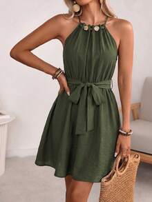 EMERY ROSE Women's Spring/Summer French Elegant Luxury Minimalist High-End Design Casual Bohemian Vacation Office Commute Old Money Style Comfortable Solid Color Faux Linen Fabric Ruched Neckline Beaded Decor Elastic Waist Self-Fabric Belt Cinched Waist A-Line Spaghetti Strap Tie Strap Pocket Short Dress - Army Green - View 7