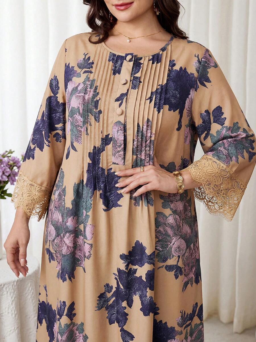 Al Najma 大尺碼女款花卉印花阿拉伯風洋裝 - 卡其色 - 查看 1
