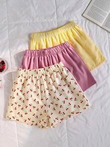 SHEIN 青少年女孩春夏度假海灘游泳居家多用途舒適田園風亞麻條紋寬鬆梭織短褲，2件組，適合多種場合 - 彩色 - 查看 5